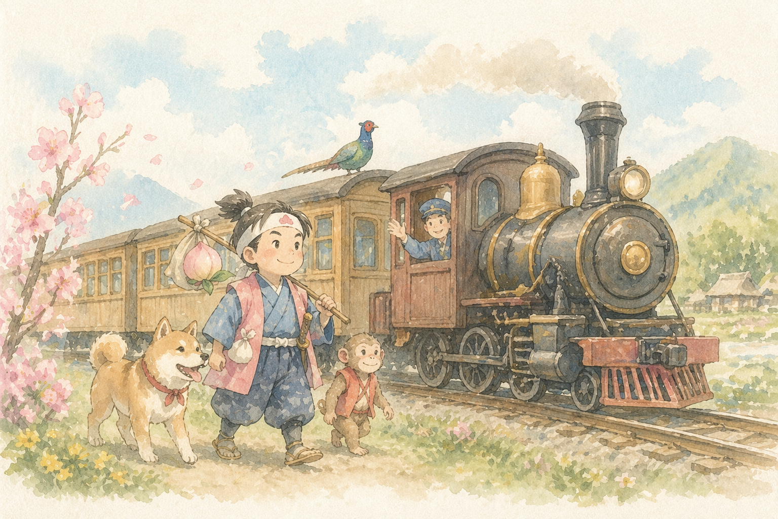 桃太郎がお供を連れて鉄道を見ながら歩いているイラスト