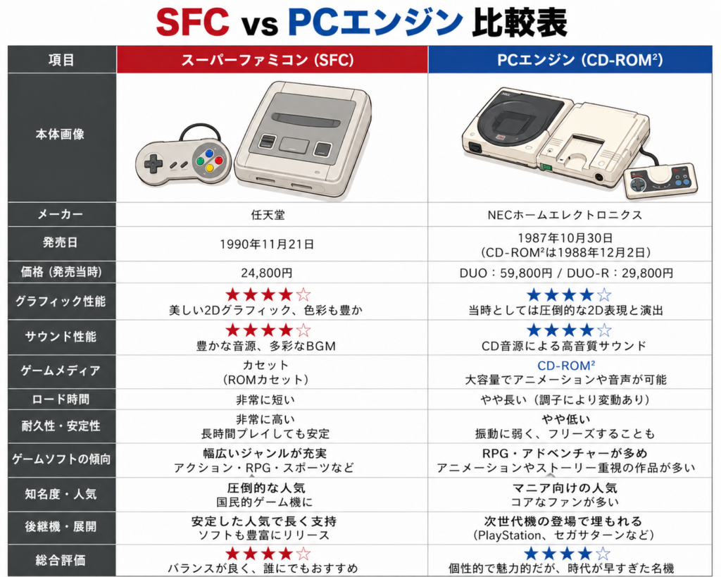 スーパーファミコンとPCエンジンのスペック比較表