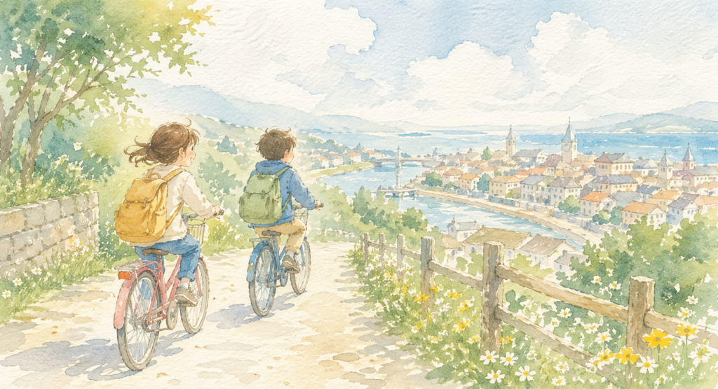 自転車で街まで買い物に行くイメージの画像