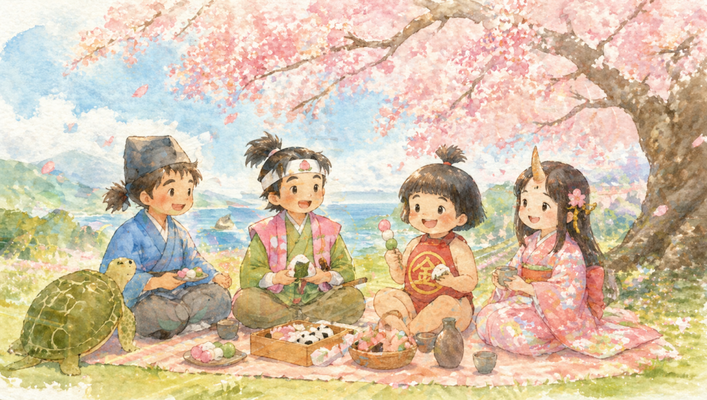 桃太郎や浦島太郎、金太郎、鬼の娘が花見をしているイラスト