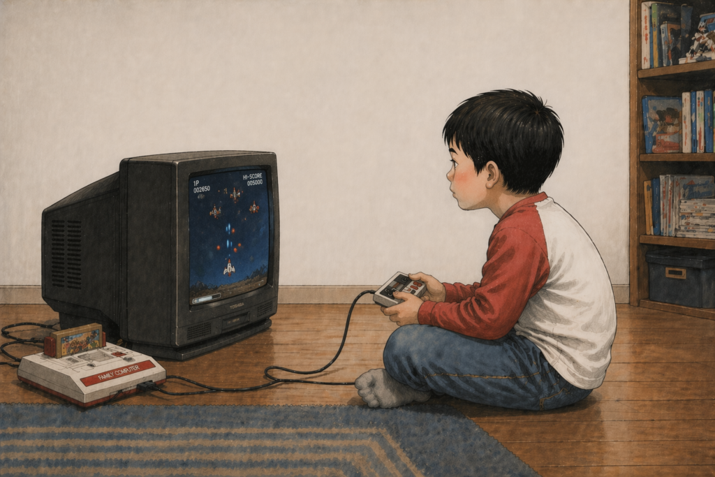 テレビを床に直置きしてファミコンをしているイラスト