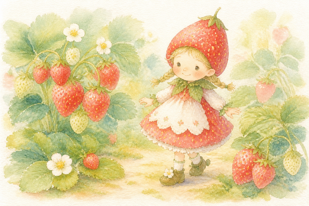 イチゴの被り物をした小人の女の子をイメージしたイラスト