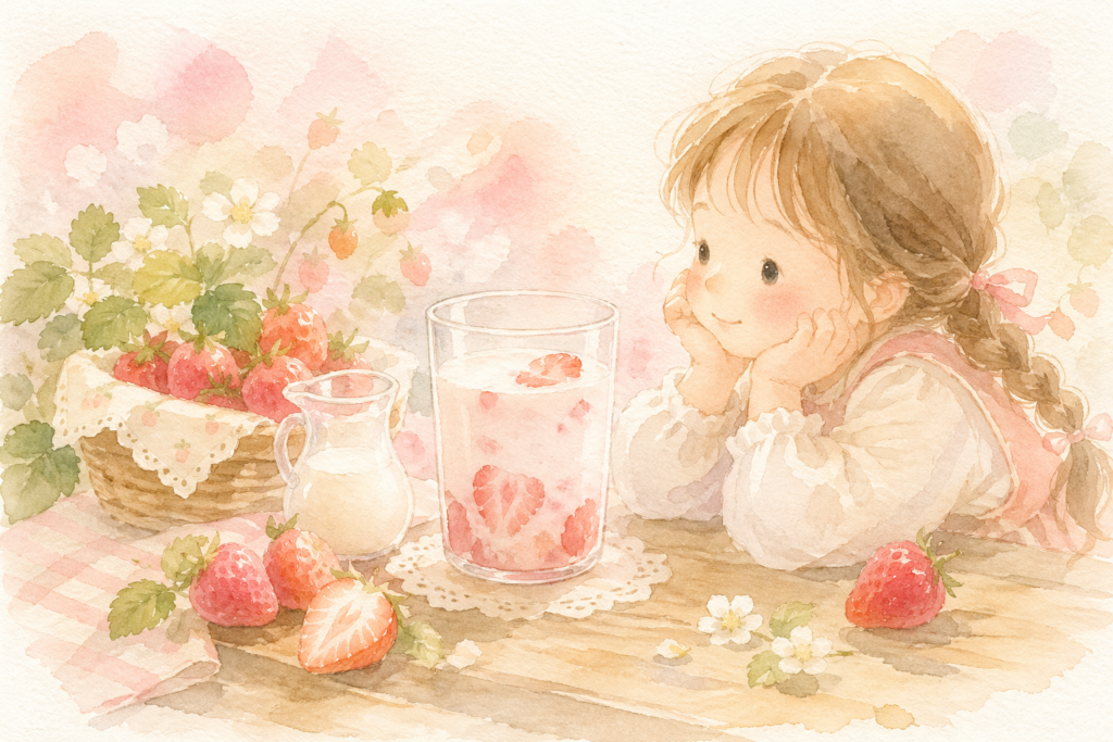 少女がいちごみるくを眺めているイラスト