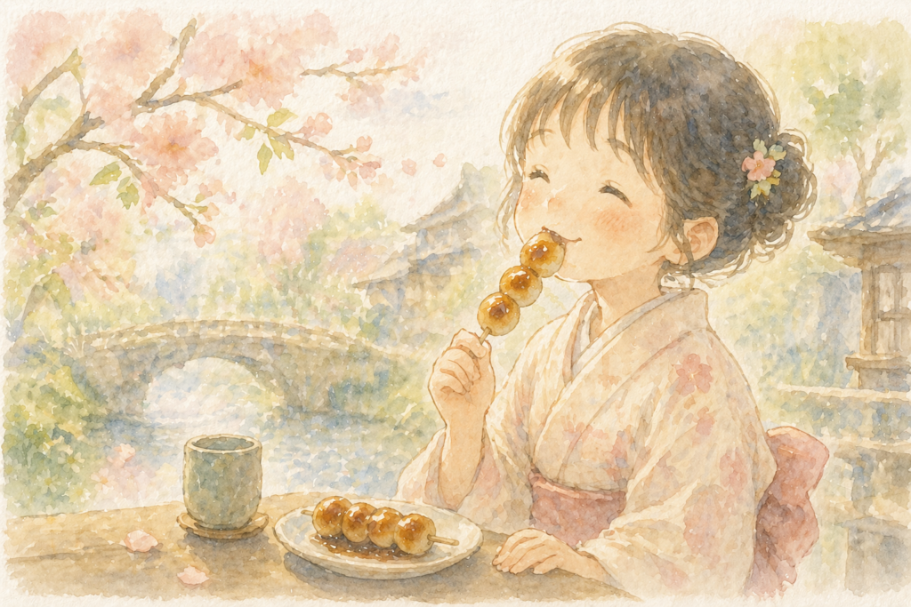 女の子がみたらし団子を食べている