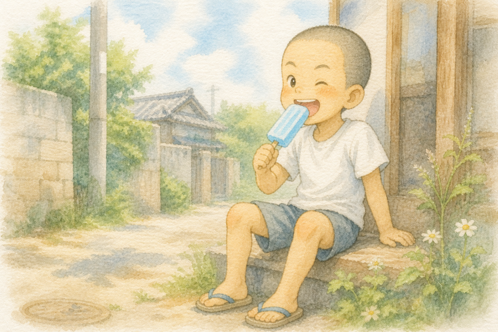 半そで半ズボンの坊主の少年がアイスを食べているイラスト
