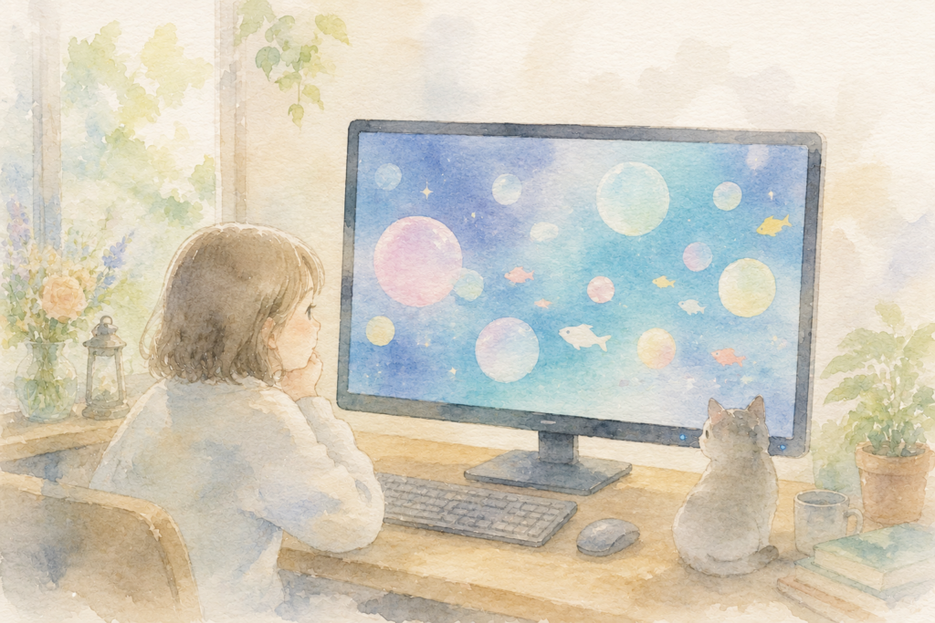 スクリーンセーバーを見ている少女のイラスト