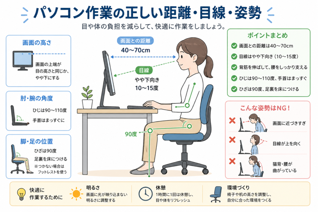 パソコン作業の姿勢などを図解した物