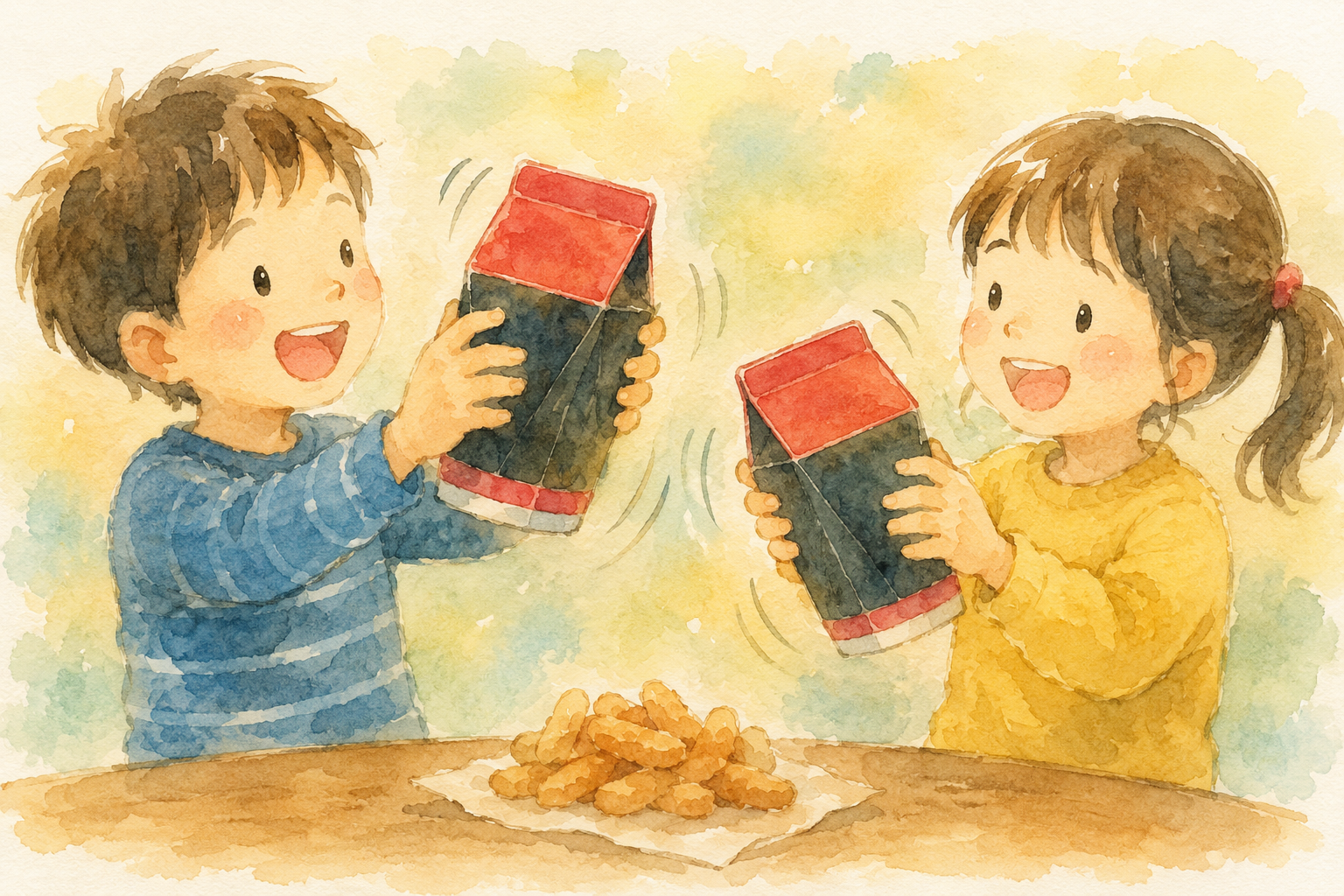 REDNOISEというお菓子を２人の子供がシャカシャカしているイラスト