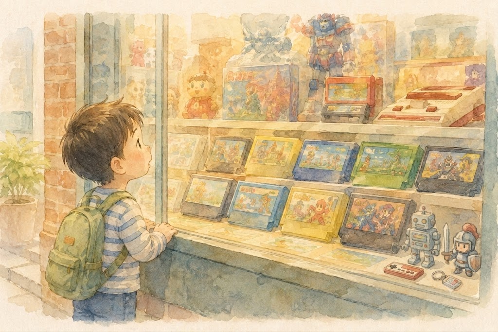おもちゃ屋のショ－ウィンドウでファミコンソフトを眺める少年の画像