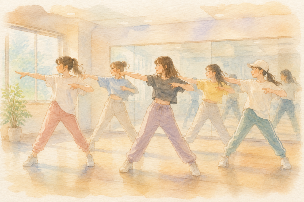 ダンスのレッスンを受けている女性たちのイメージイラスト