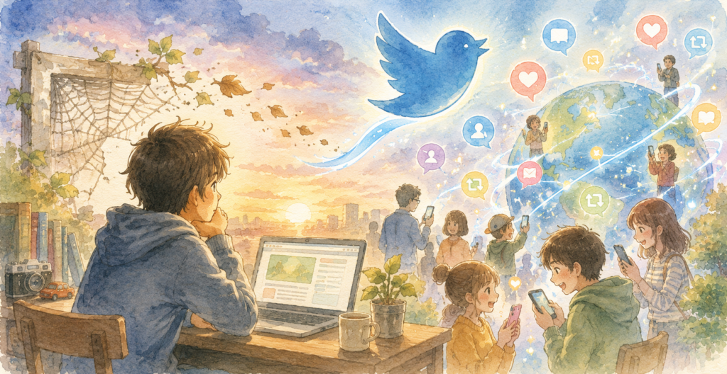 ブロブからTwitterに時代が変わった事をイメージしたイラスト