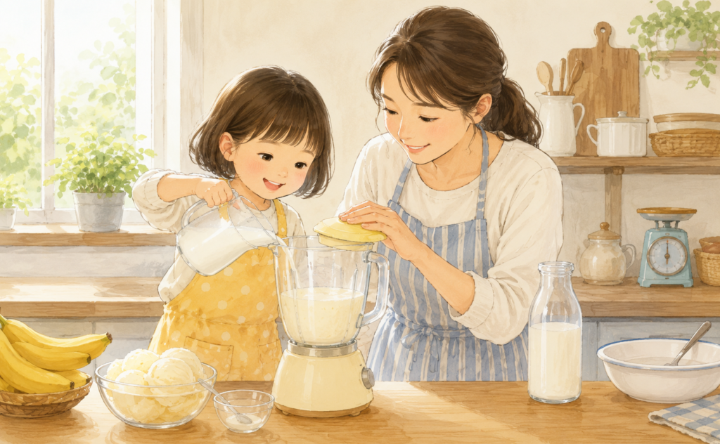 親子でミルクセーキを作っているイラスト