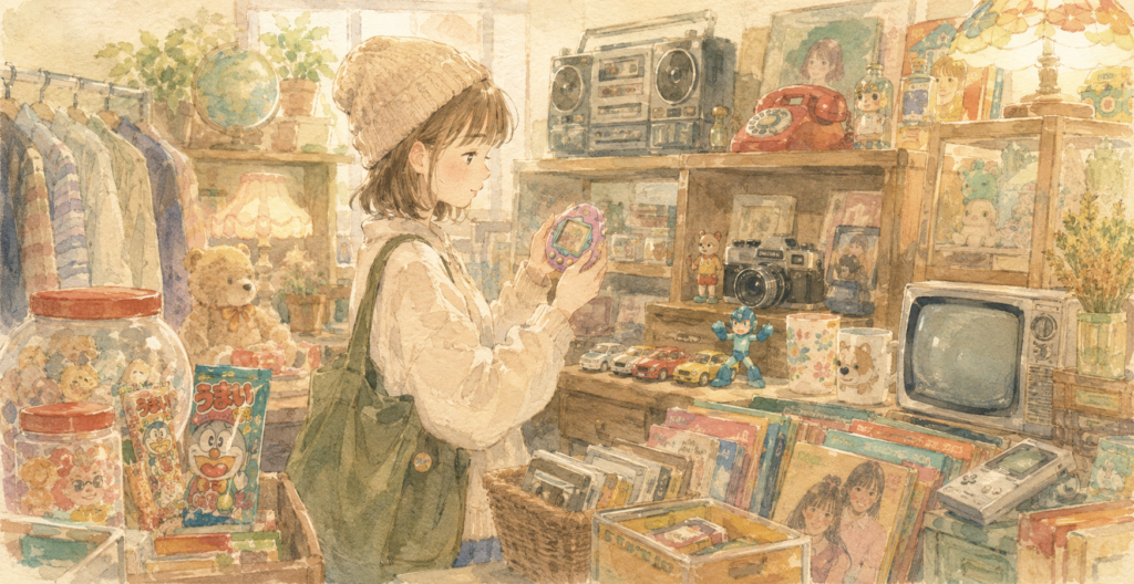 リサイクルショップで買い物する女の子のイラスト