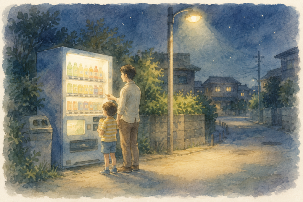 街灯下の自販機でジュースを買う親子