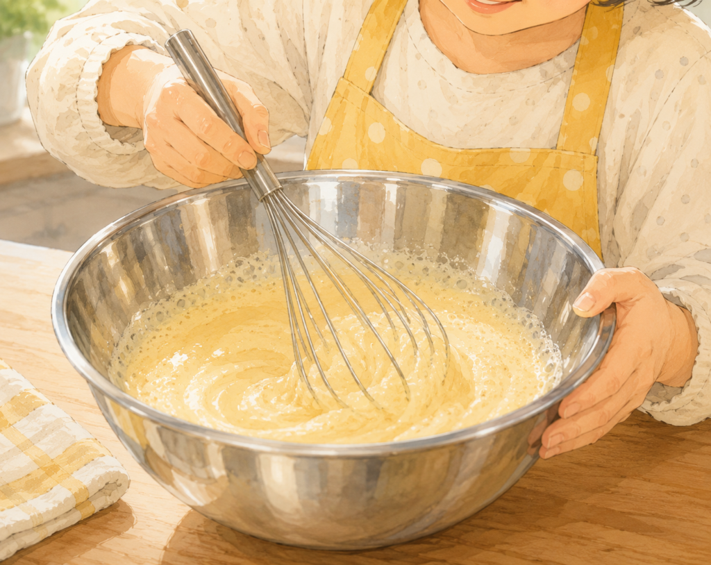 泡立て器でミルクセーキを作っている所