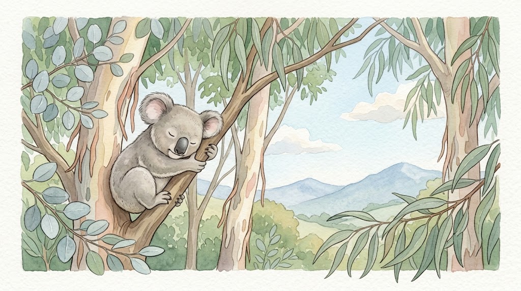 コアラがユーカリの木で寝ているイラスト