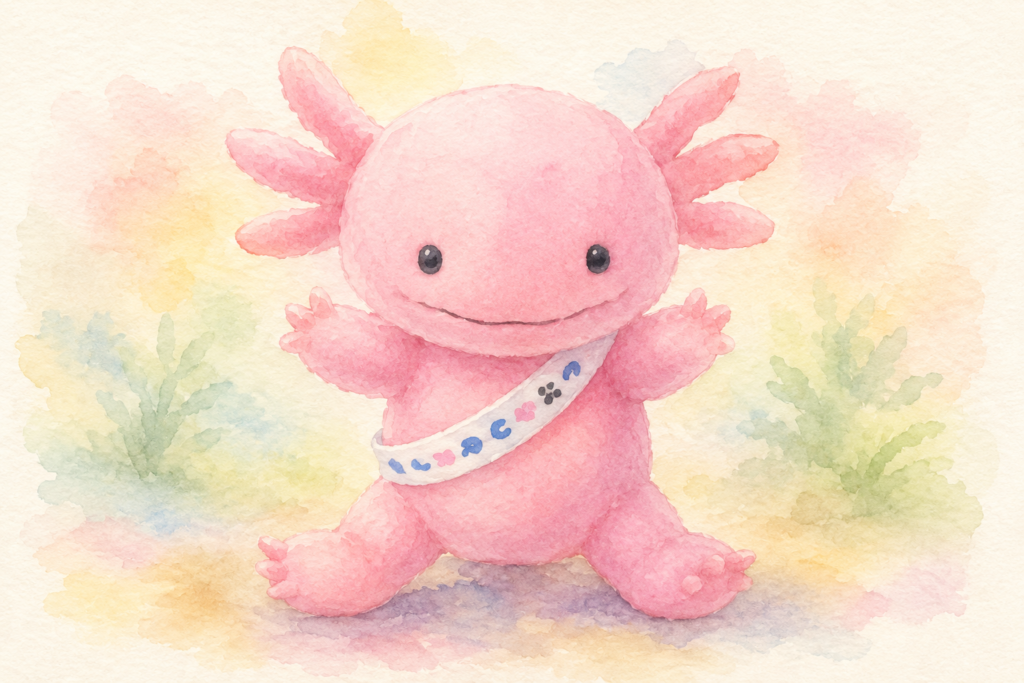 ウーパールーパー「ウッティ」のぬいぐるみのイラスト