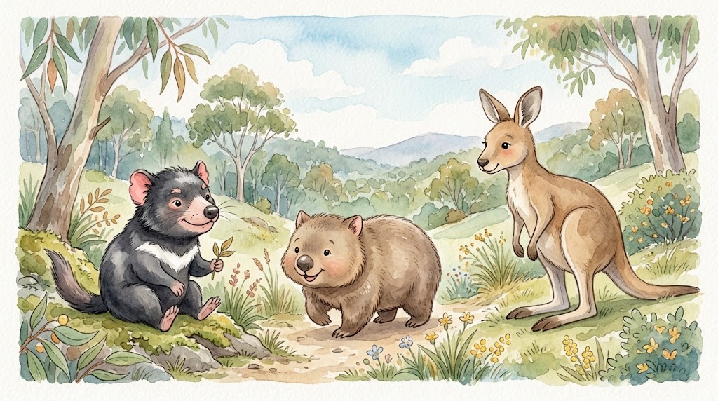 タスマニアデビル、ウォンバット、カンガルーのイメージイラスト