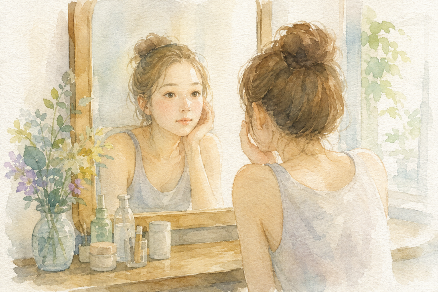 鏡の前にニーメイクの女性が座っている