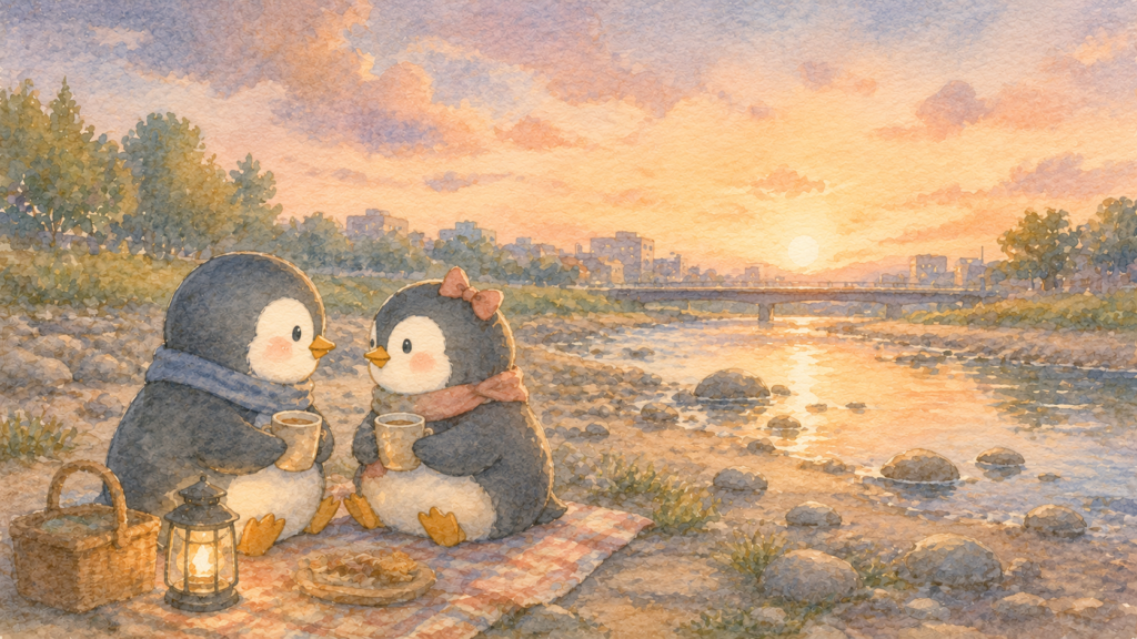 河原でピクニックするペンギンカップル