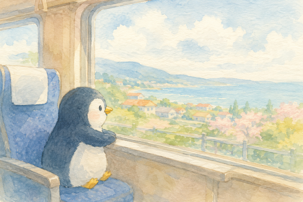 電車の車窓を見ているペンギン