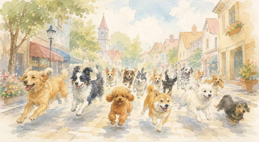 街中を疾走する犬達