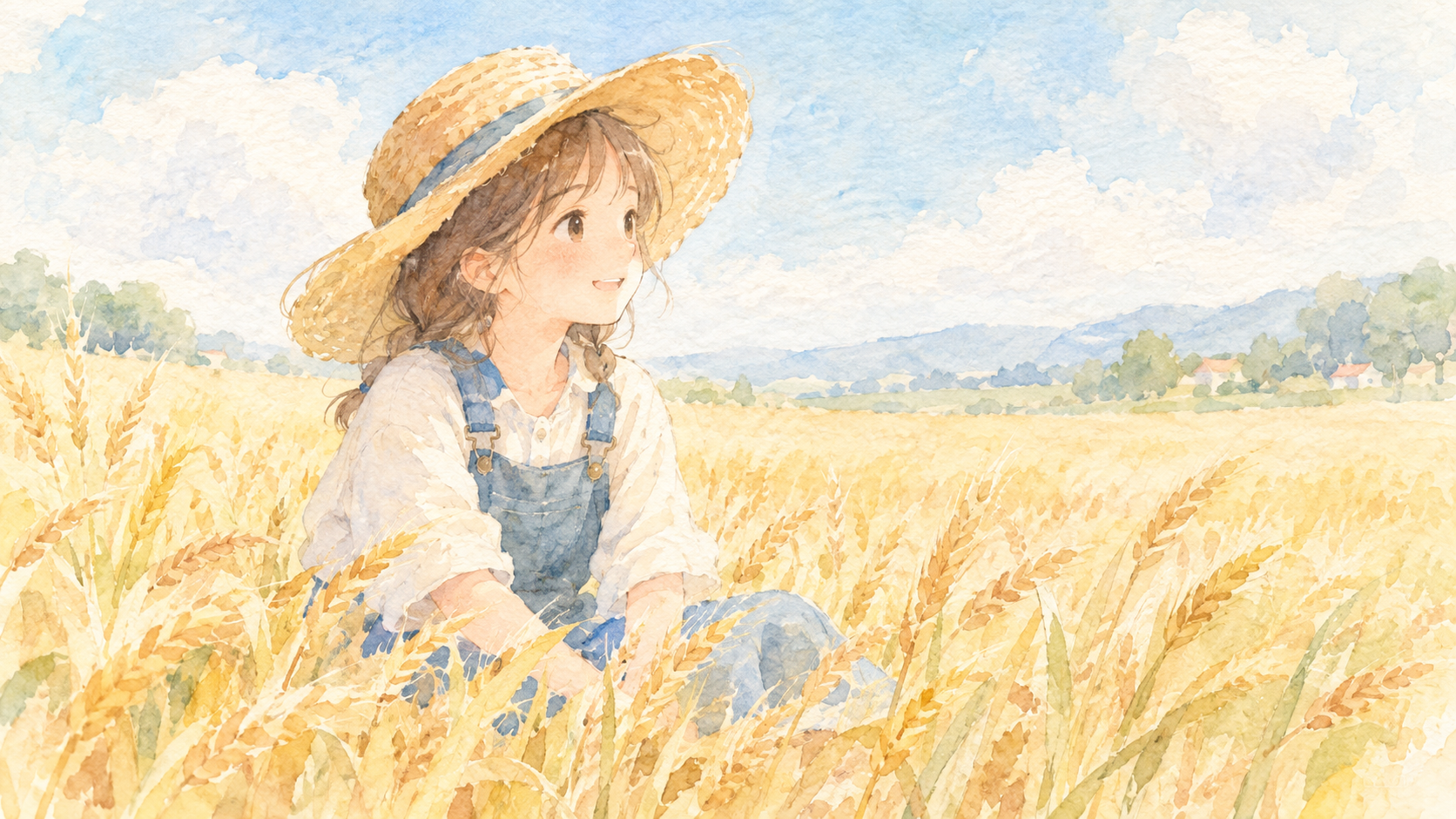 オーバーオールを着て麦わら帽を被った少女が麦畑にいるイラスト
