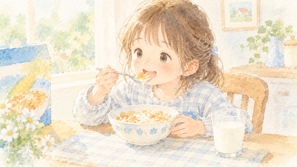 コーンフレークを食べている少女