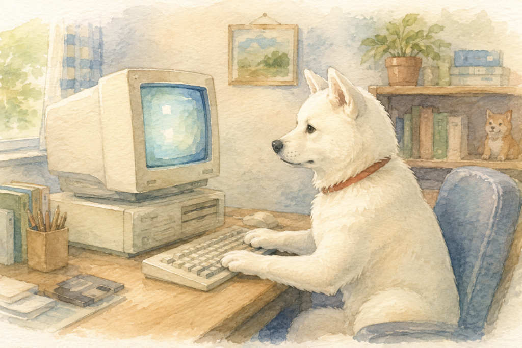 パソコンを操作する秋田犬